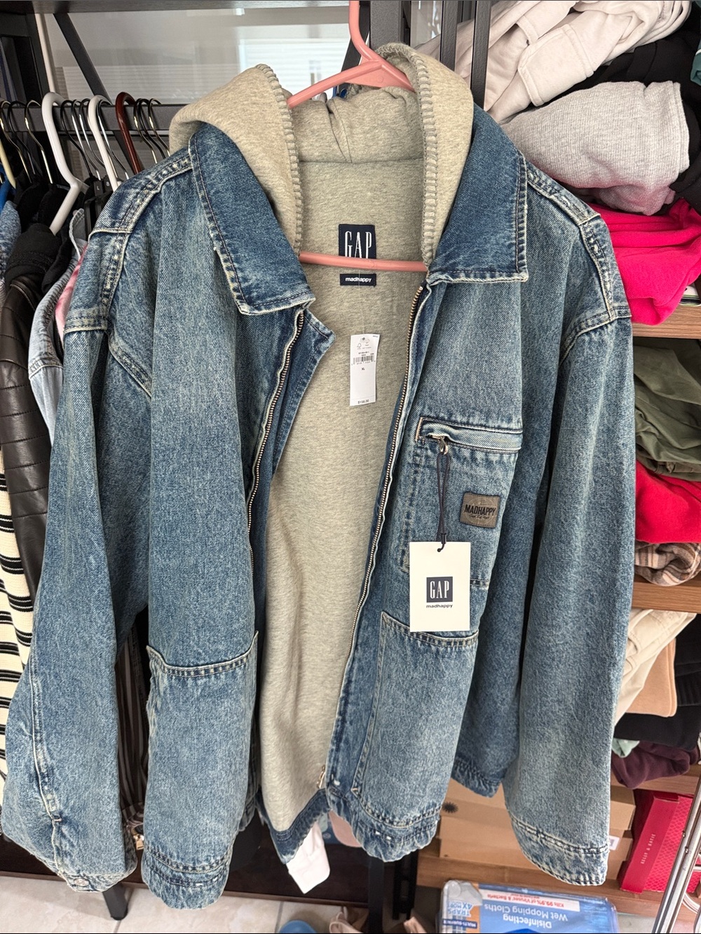 GAP Unisex Madhappy Light Blue Denim Jacket with Heather Gray Hood